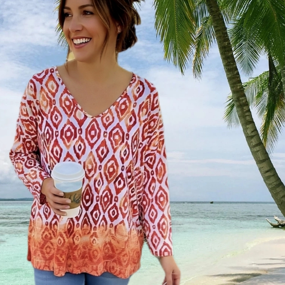 Sunny CHICO'S Ikat Print Double V-Neck 3/4‎ Sleeve Top 100% Cotton Size 2 (L)